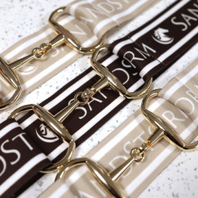 SandStorm Women's Gold Snaffle Belt in Brown with Logo Print