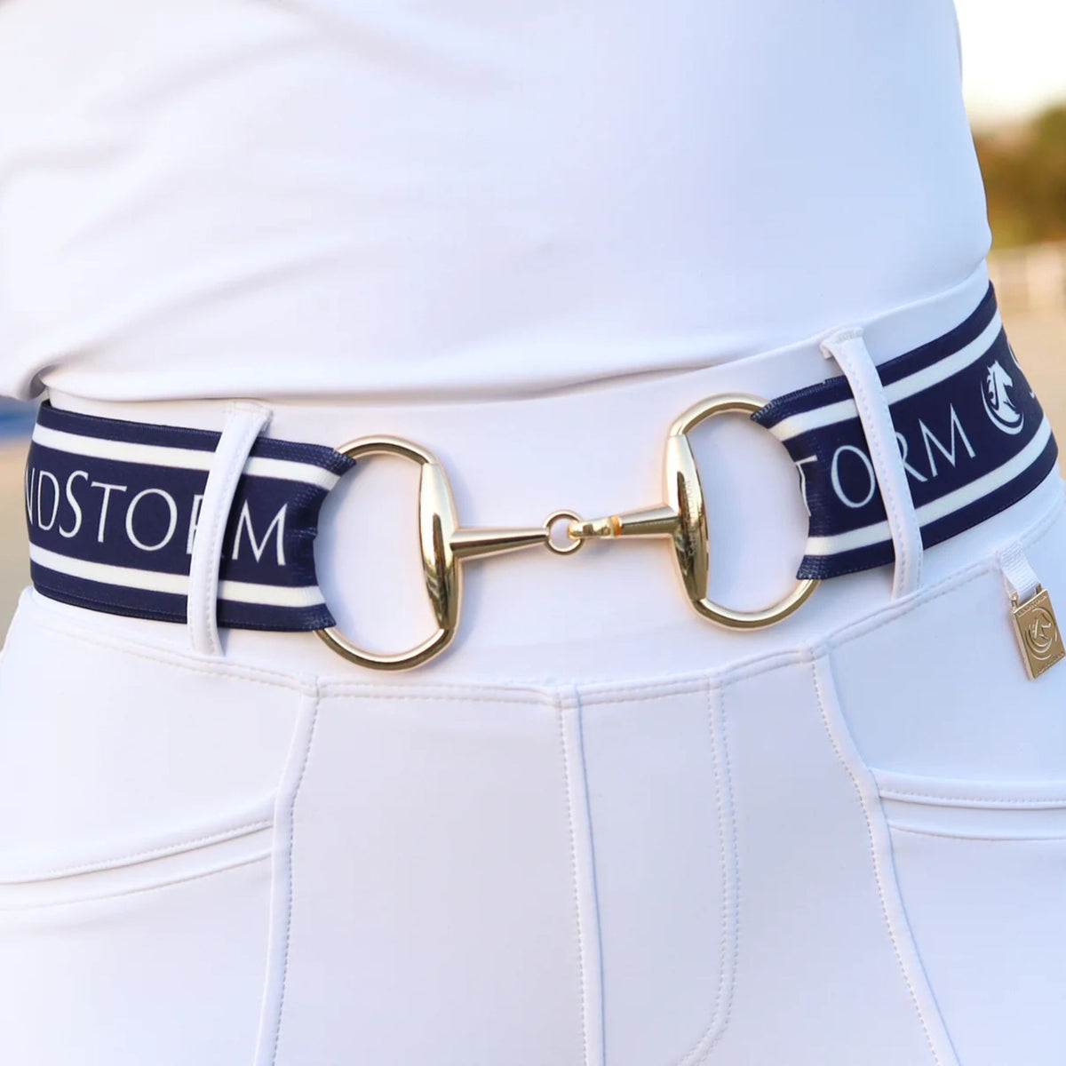 SandStorm Women's Gold Snaffle Belt in Navy with Logo Print