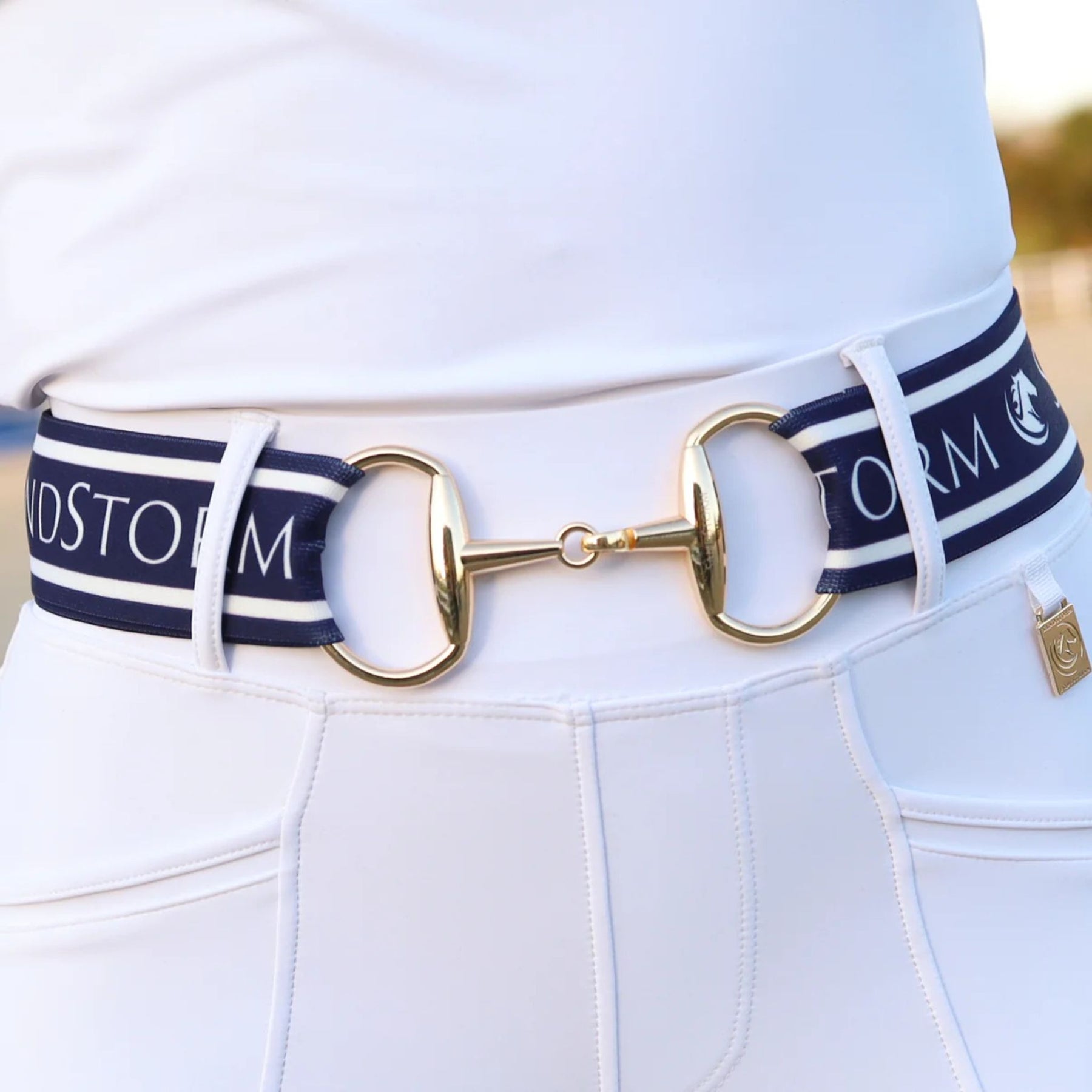SandStorm Women's Gold Snaffle Belt in Navy with Logo Print