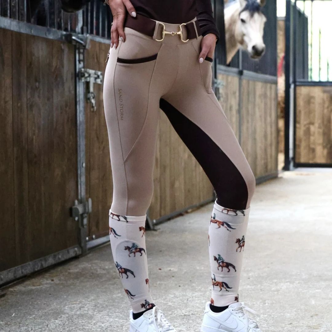 SandStorm Women's Lux Performance Hybrid Riding Leggings in Beige with Chocolate Seat