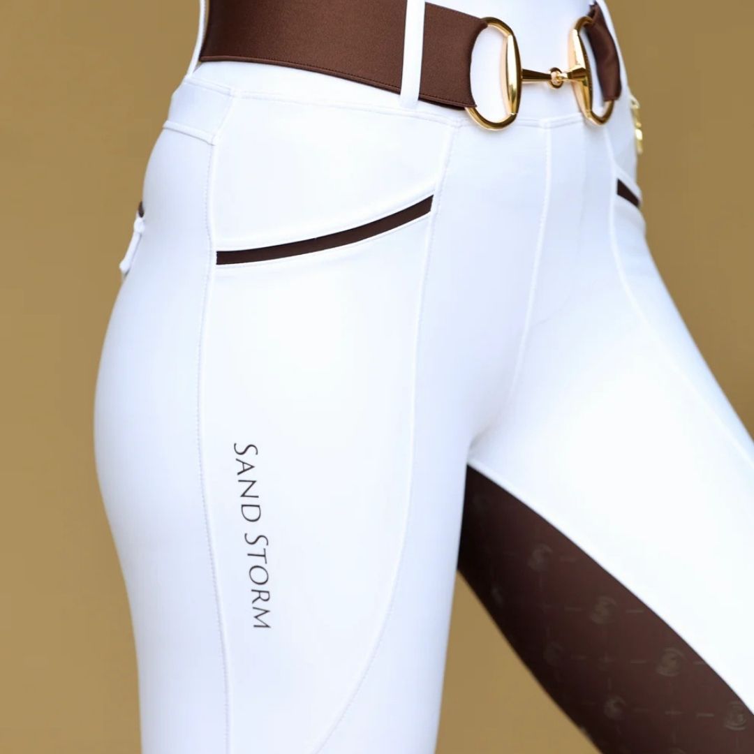 SandStorm Women's Lux Performance Hybrid Riding Leggings in White with Chocolate Seat
