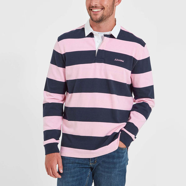 Men's pink and clearance white striped polo shirt