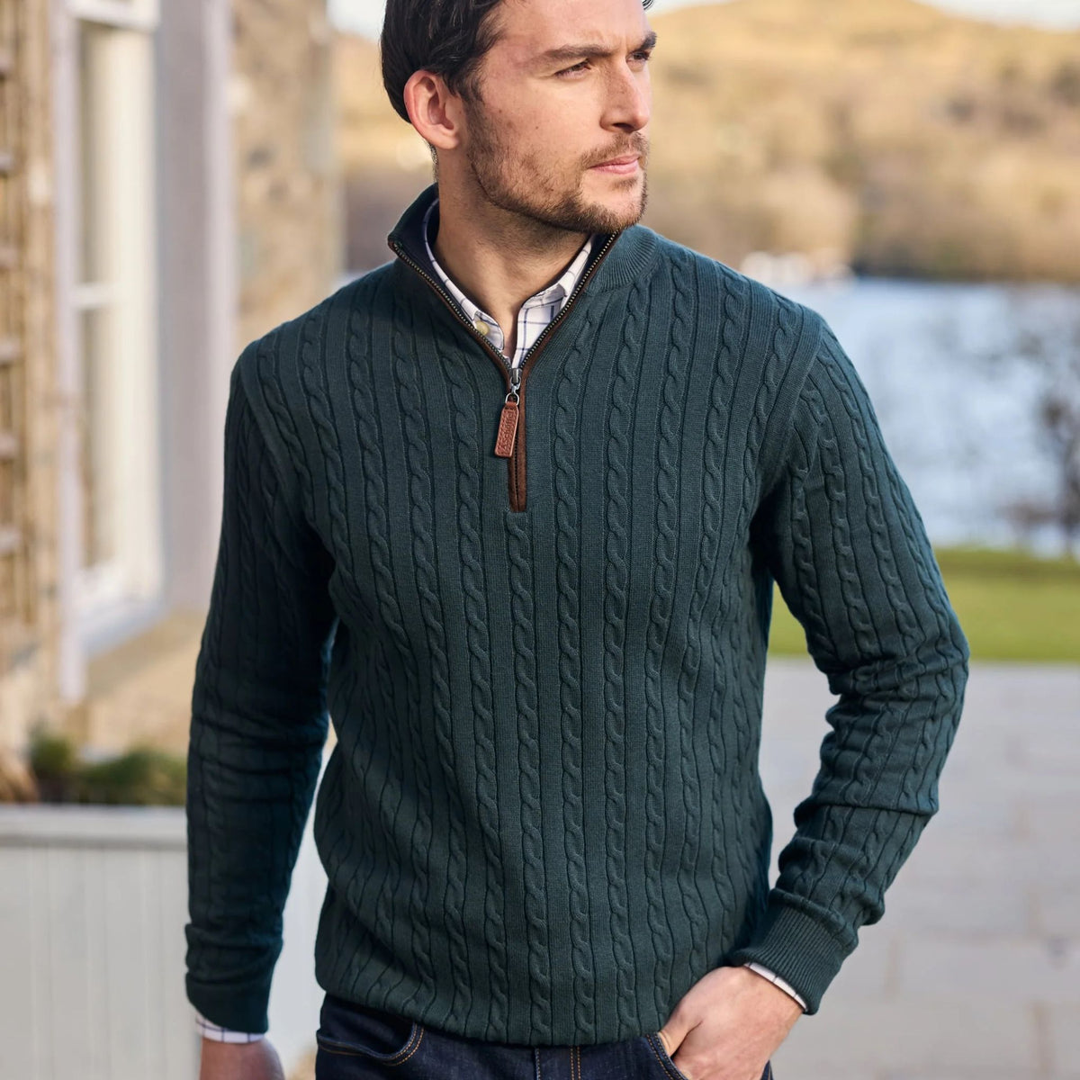 Schoffel Men's Calton Cable Quarter Zip Jumper in Botanical Green