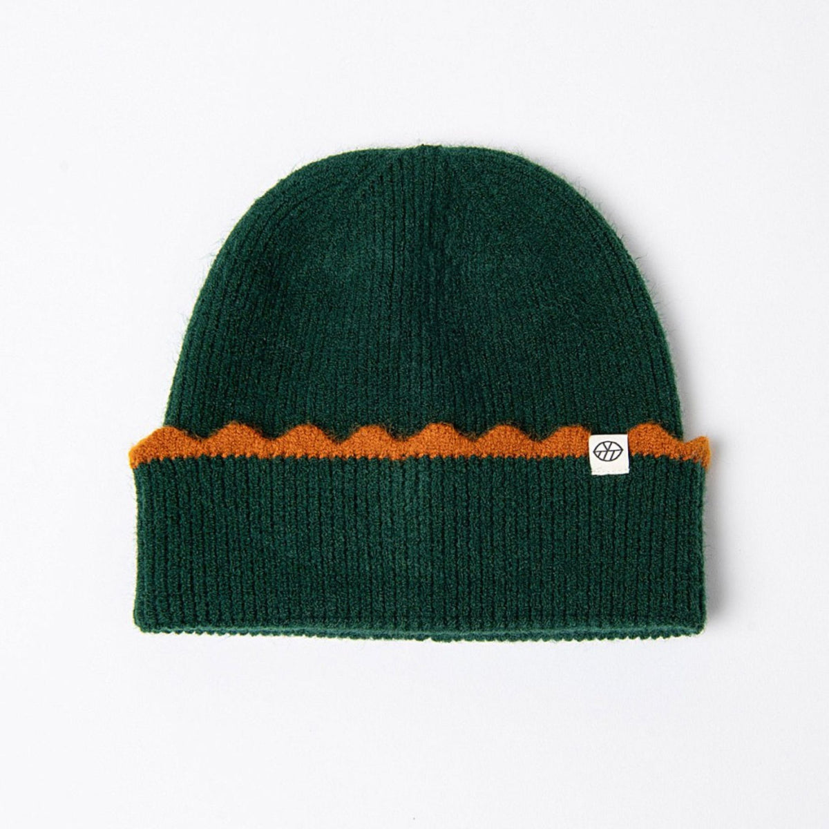 Surkana Gofe Beanie in Green with contrasting Scallop Detail in Orange