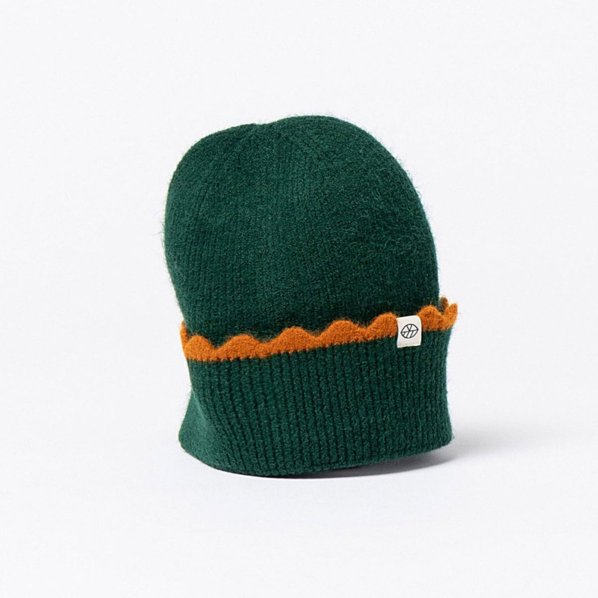 Surkana Gofe Beanie in Green with contrasting Scallop Detail in Orange