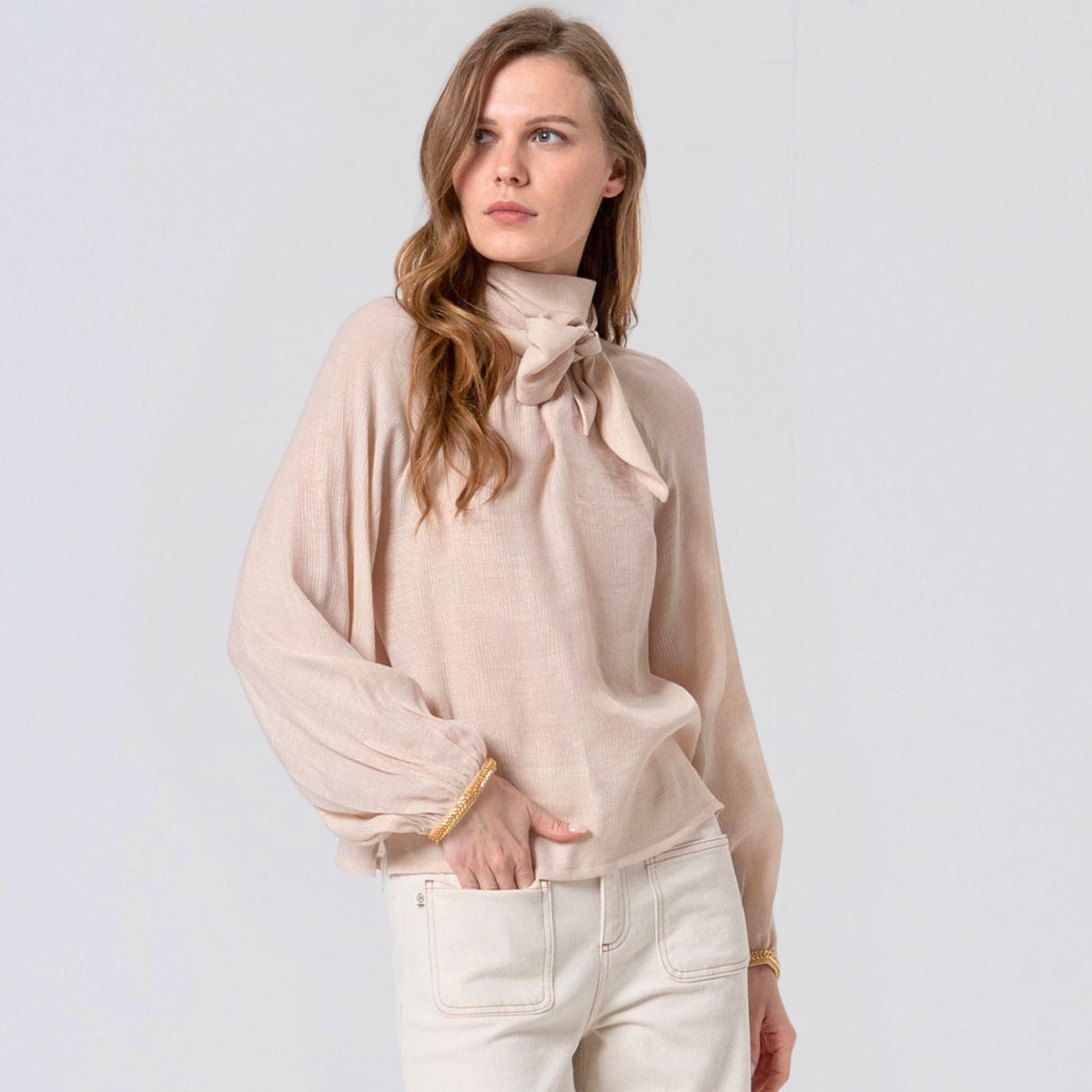 Surkana Women's Liex Blouse with Neck Tie Blouse Ecru