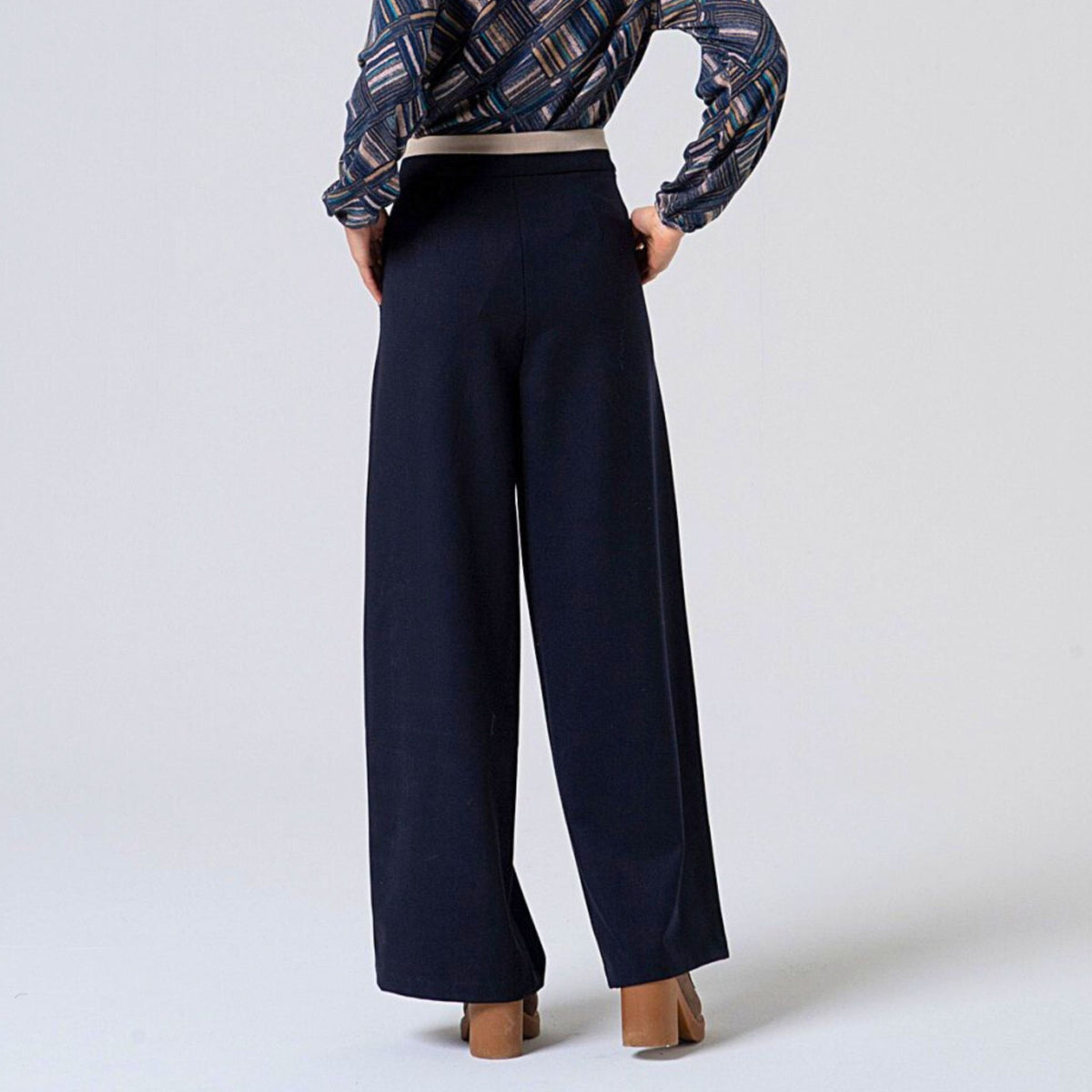 Surkana Women's Lily Wide Trousers with Contrasting Waistband in Navy & Blue