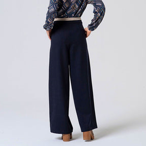 Surkana Women's Lily Wide Trousers with Contrasting Waistband in Navy & Blue