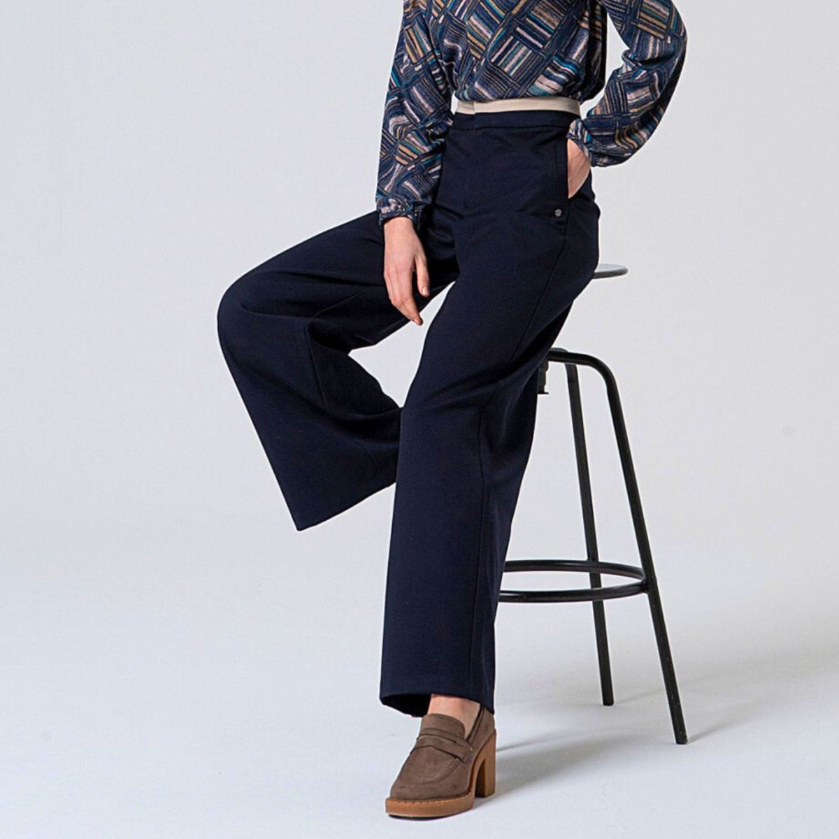 Surkana Women's Lily Wide Trousers with Contrasting Waistband in Navy & Blue