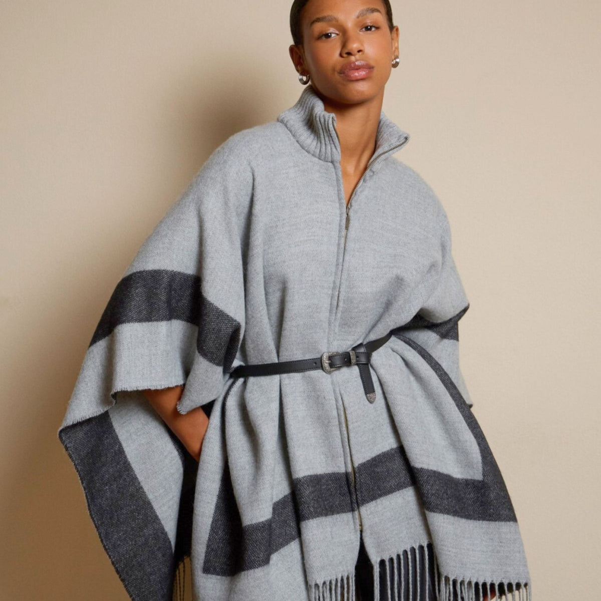 Surkana Women's Poli Plaid Zipper Poncho in Grey