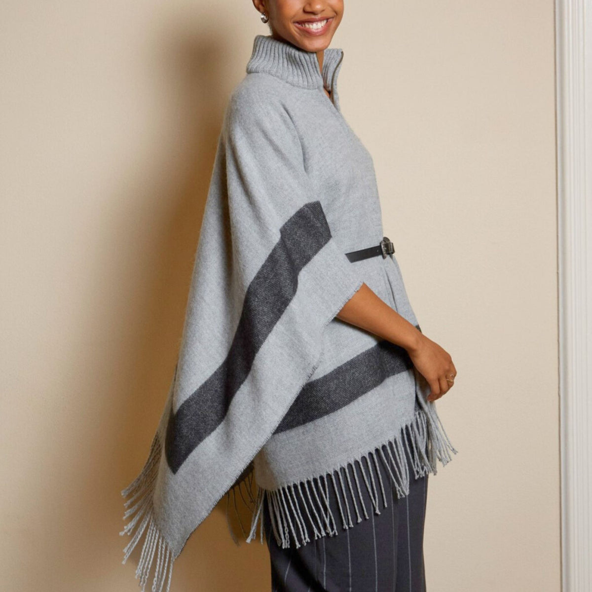 Surkana Women's Poli Plaid Zipper Poncho in Grey