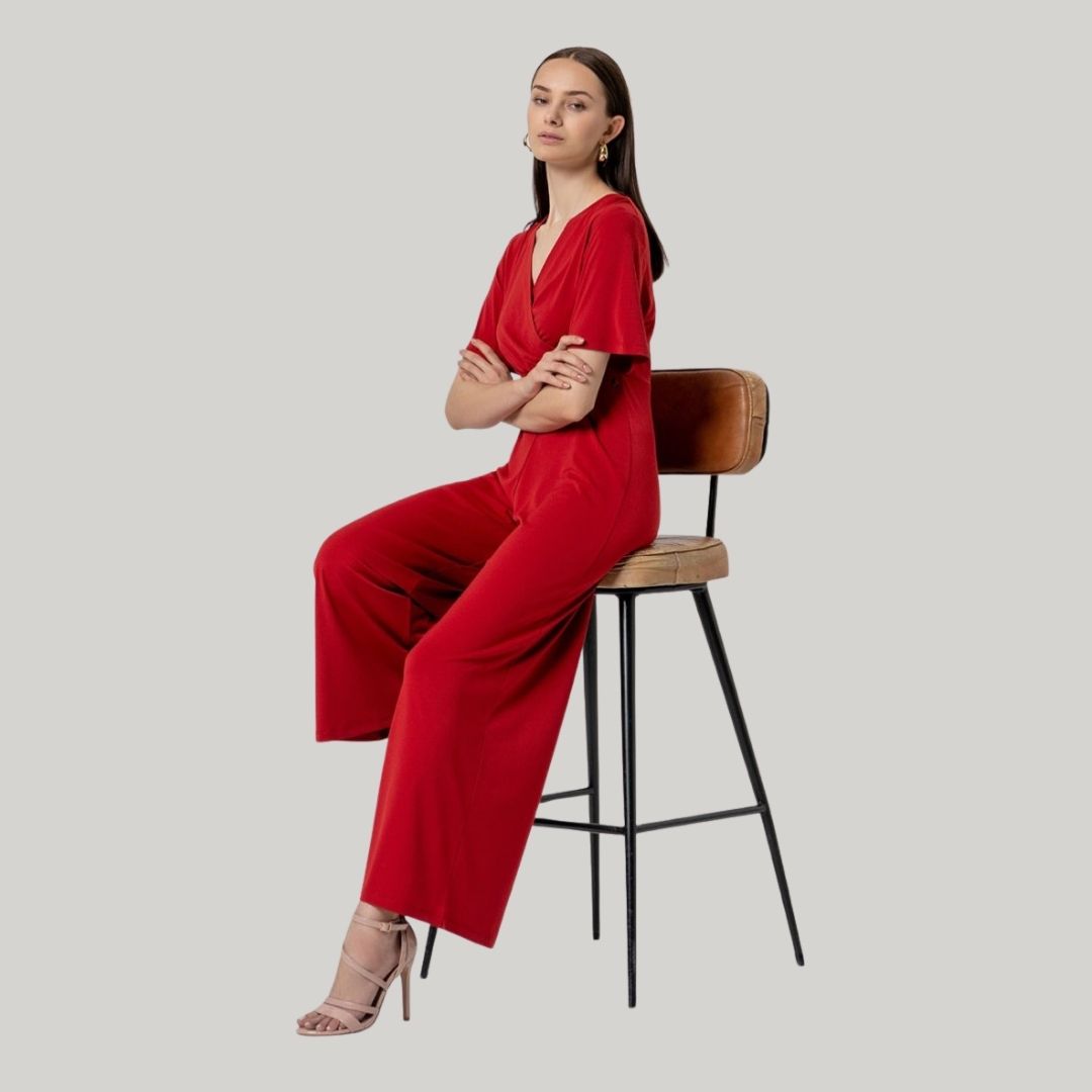 Surkana Women's Cross Neck Jumpsuit in Red