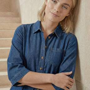 Surkana Women's Long Shirt Dress in Blue Denim