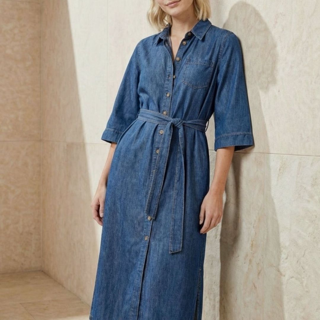 Surkana Women's Long Shirt Dress in Blue Denim
