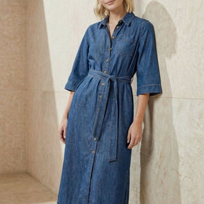 Surkana Women's Long Shirt Dress in Blue Denim