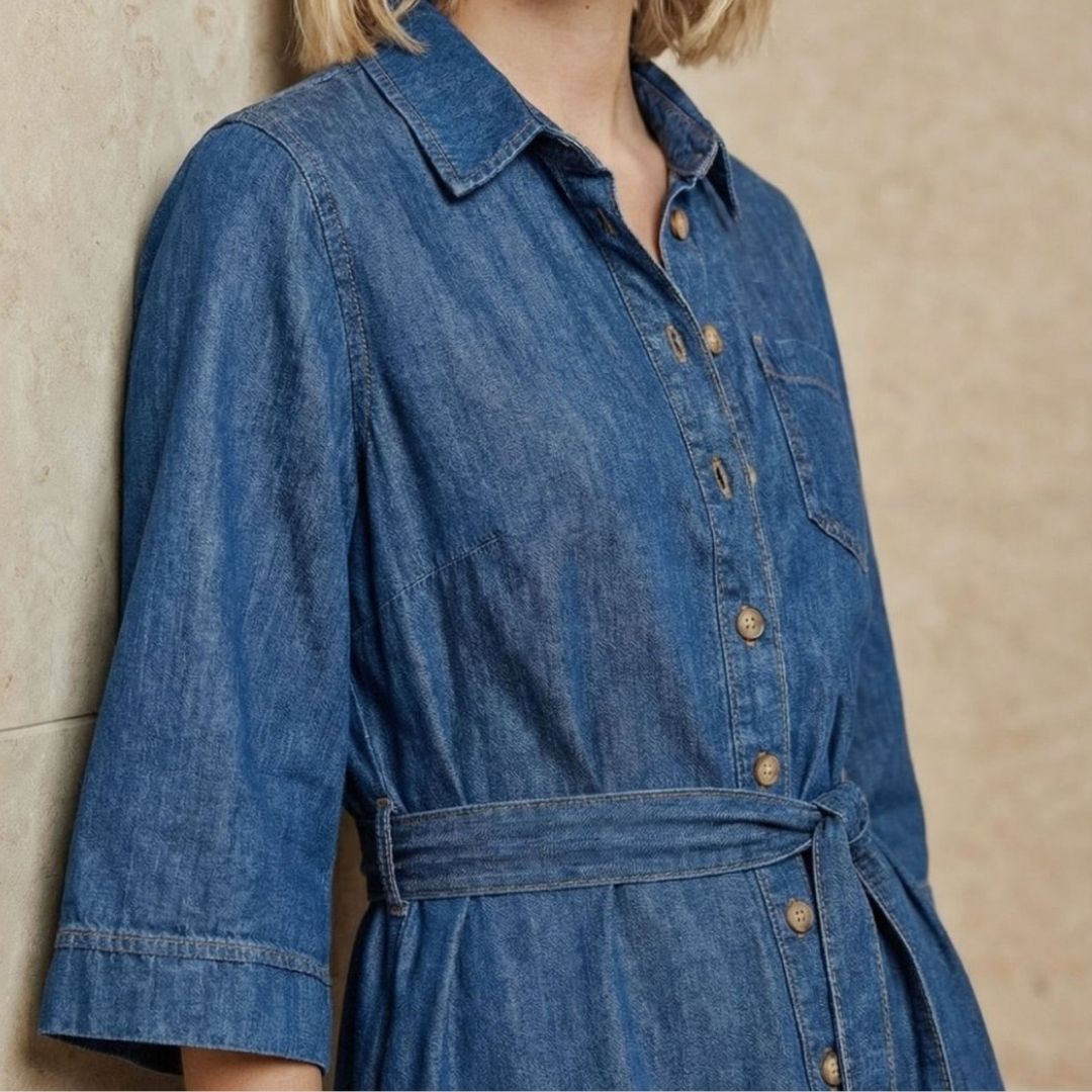 Surkana Women's Long Shirt Dress in Blue Denim