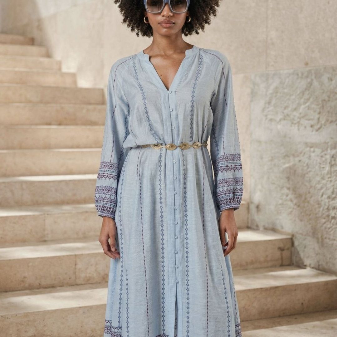 Surkana Women's Long Shirt Dress in Sky Blue