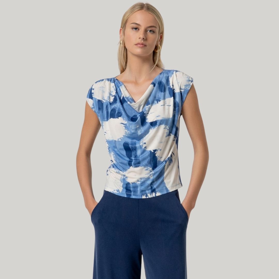 Surkana Women's Sleeveless Top with Draped Neckline in Blue