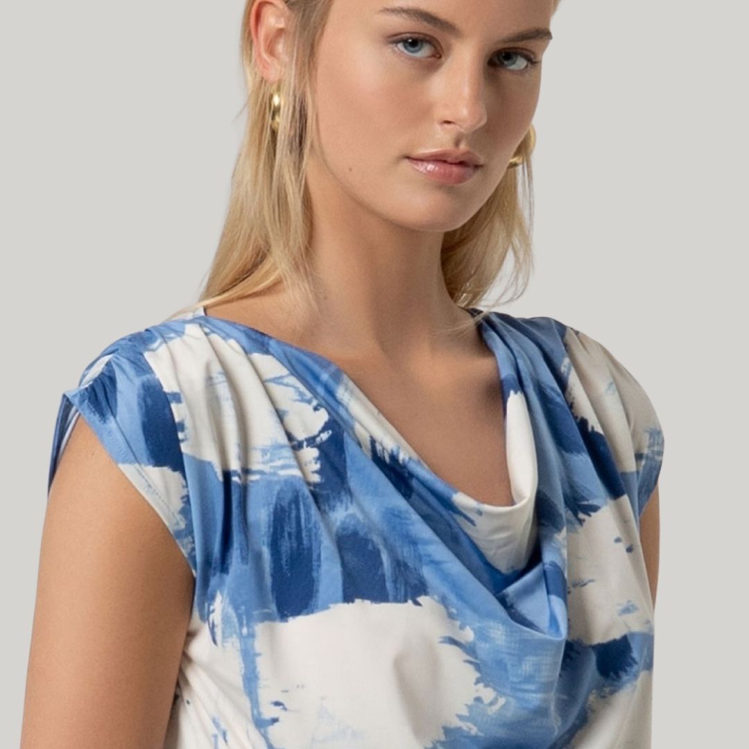 Surkana Women's Sleeveless Top with Draped Neckline in Blue
