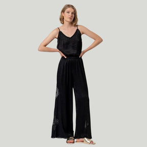 Surkana Women's Wide Leg Pants with Crochet Detail in Black