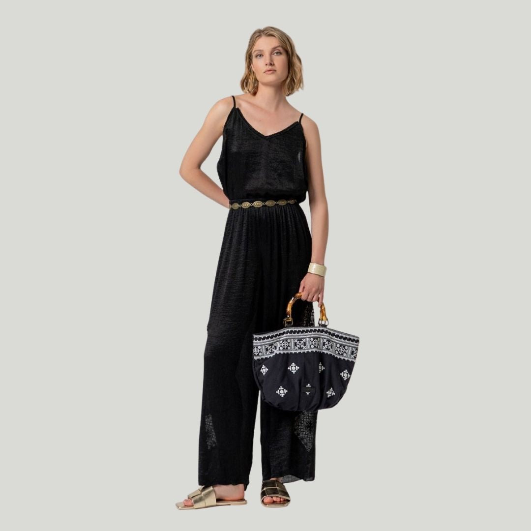 Surkana Women's Wide Leg Pants with Crochet Detail in Black
