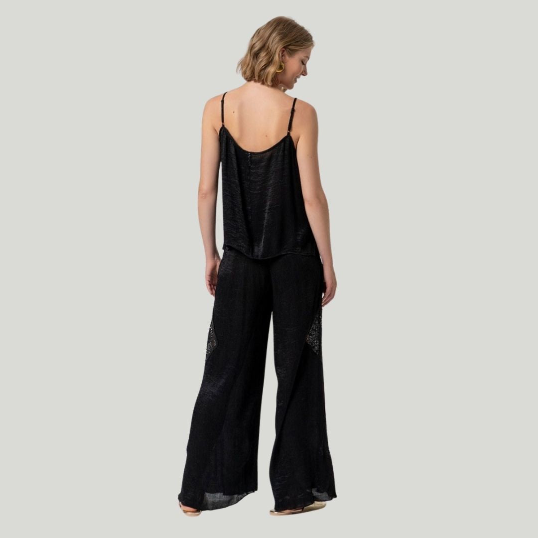 Surkana Women's Wide Leg Pants with Crochet Detail in Black