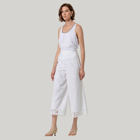 Surkana Women's Wide Leg Pants with Embroidery on Hem in White