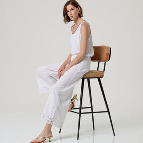Surkana Women's Wide Leg Pants with Embroidery on Hem in White
