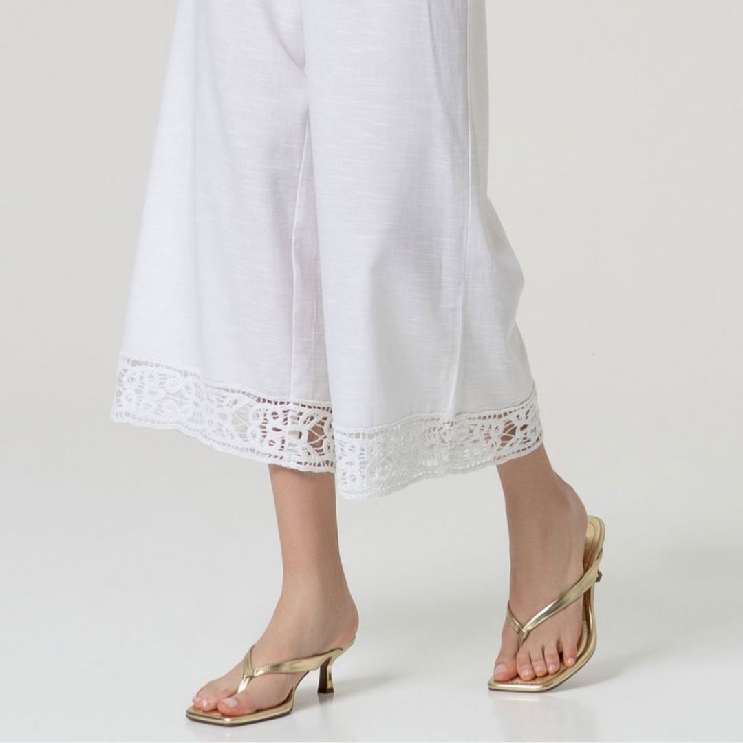 Surkana Women's Wide Leg Pants with Embroidery on Hem in White