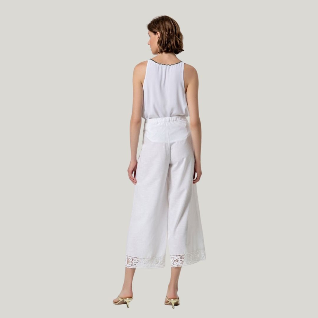 Surkana Women's Wide Leg Pants with Embroidery on Hem in White