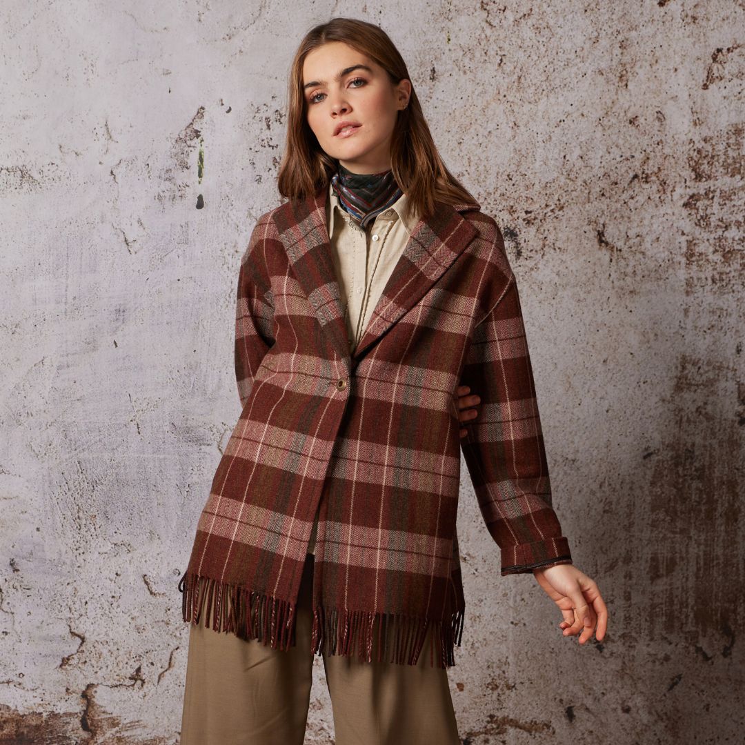 Diega Women's Vijo Check Coat in Wine with Fringe