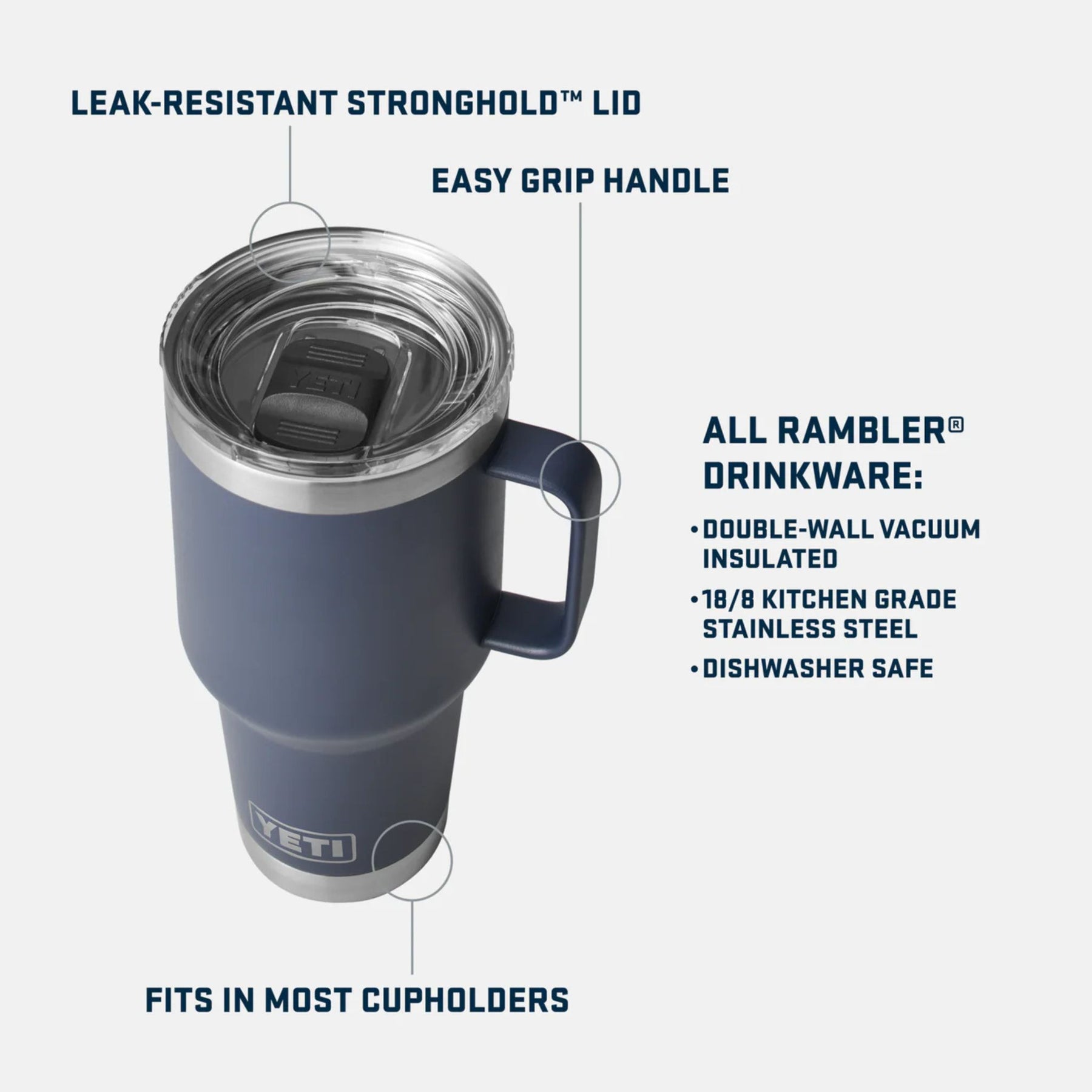 YETI Rambler 30 Oz Travel Mug in Navy (887ml) with StrongHold Lid
