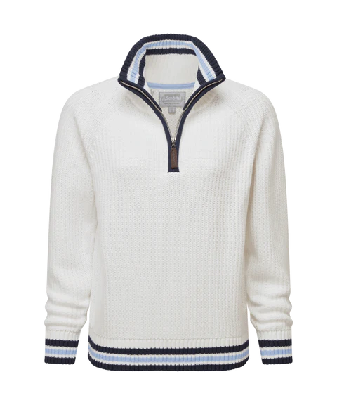 Schoffel Women s Havelet Bay 1 4 Zip Jumper in Soft White with Navy Pale blue hem