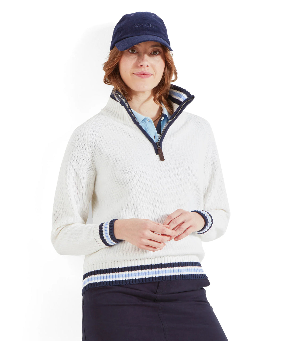 Schoffel Women's Havelet Bay 1/4 Zip Jumper in Soft White with Navy/Pale blue hem