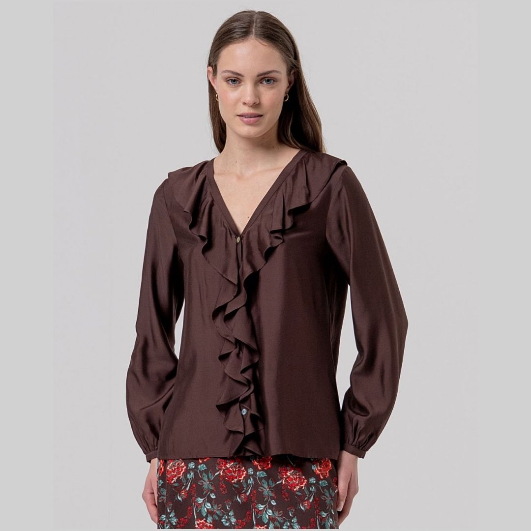 Surkana Ruffled Blouse in Chocolate