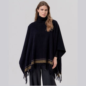Surkana Knit Poncho Fringed Collar in Black