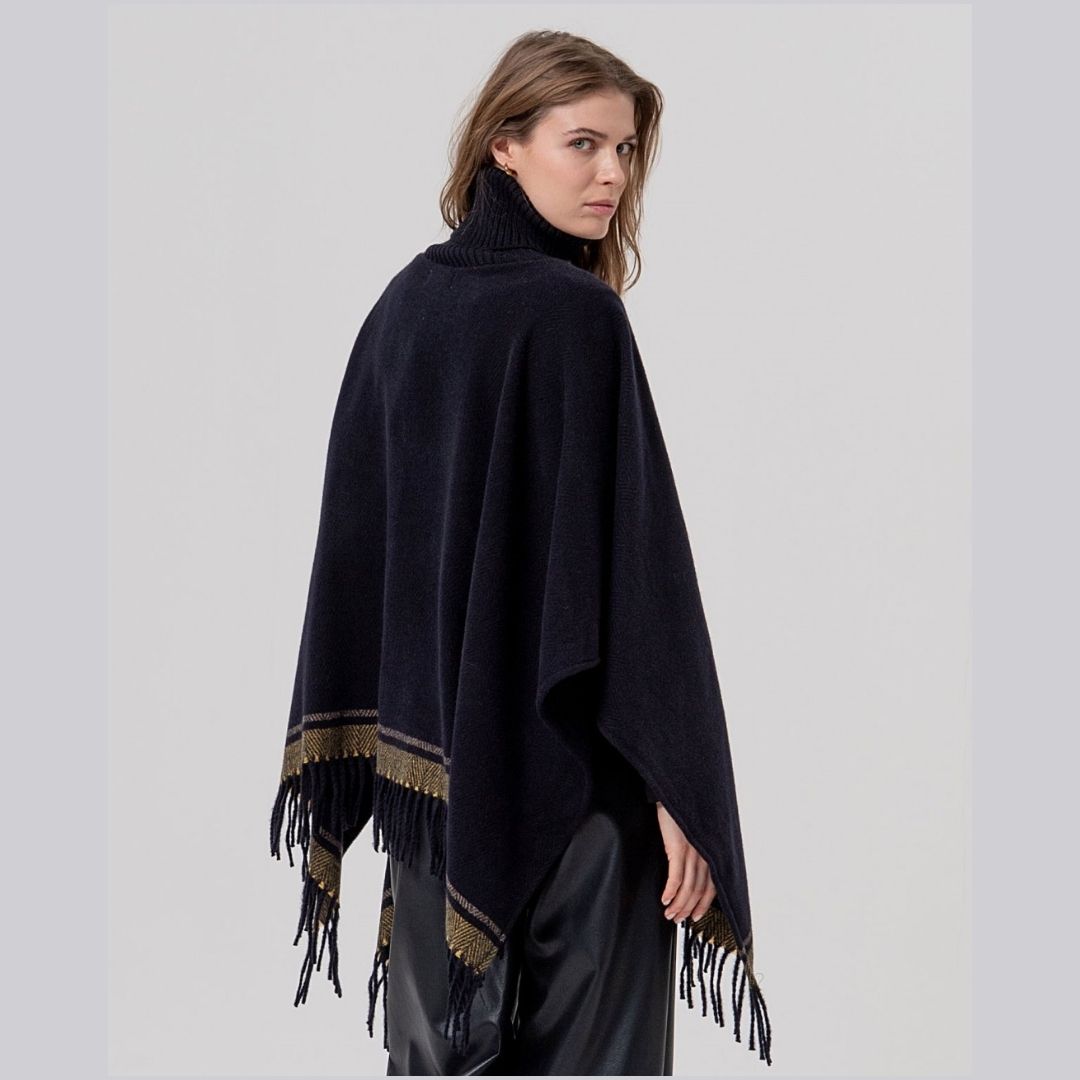 Surkana Knit Poncho Fringed Collar in Black