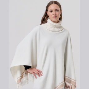 Surkana Knit Poncho Fringed Collar in Ecru
