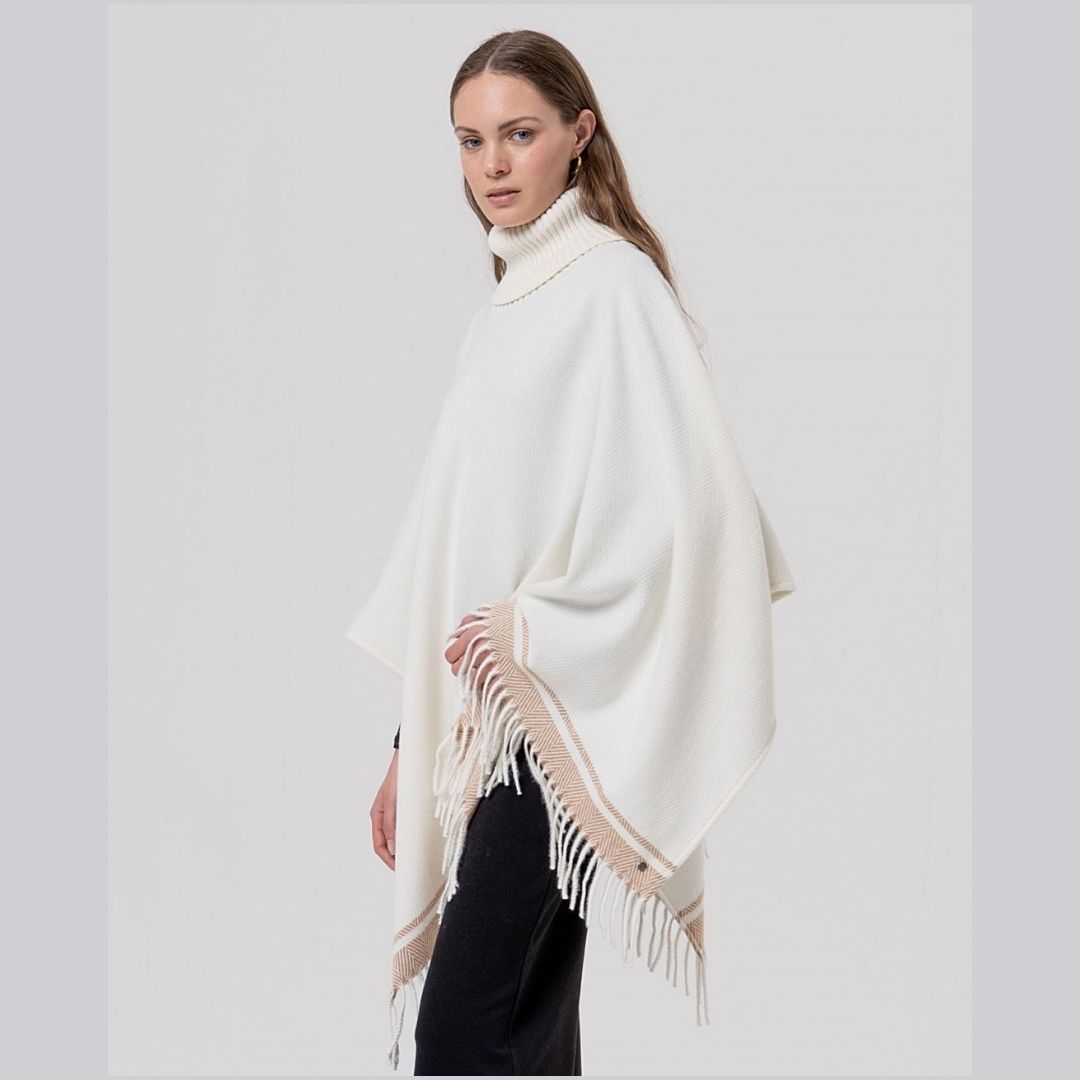 Surkana Knit Poncho Fringed Collar in Ecru
