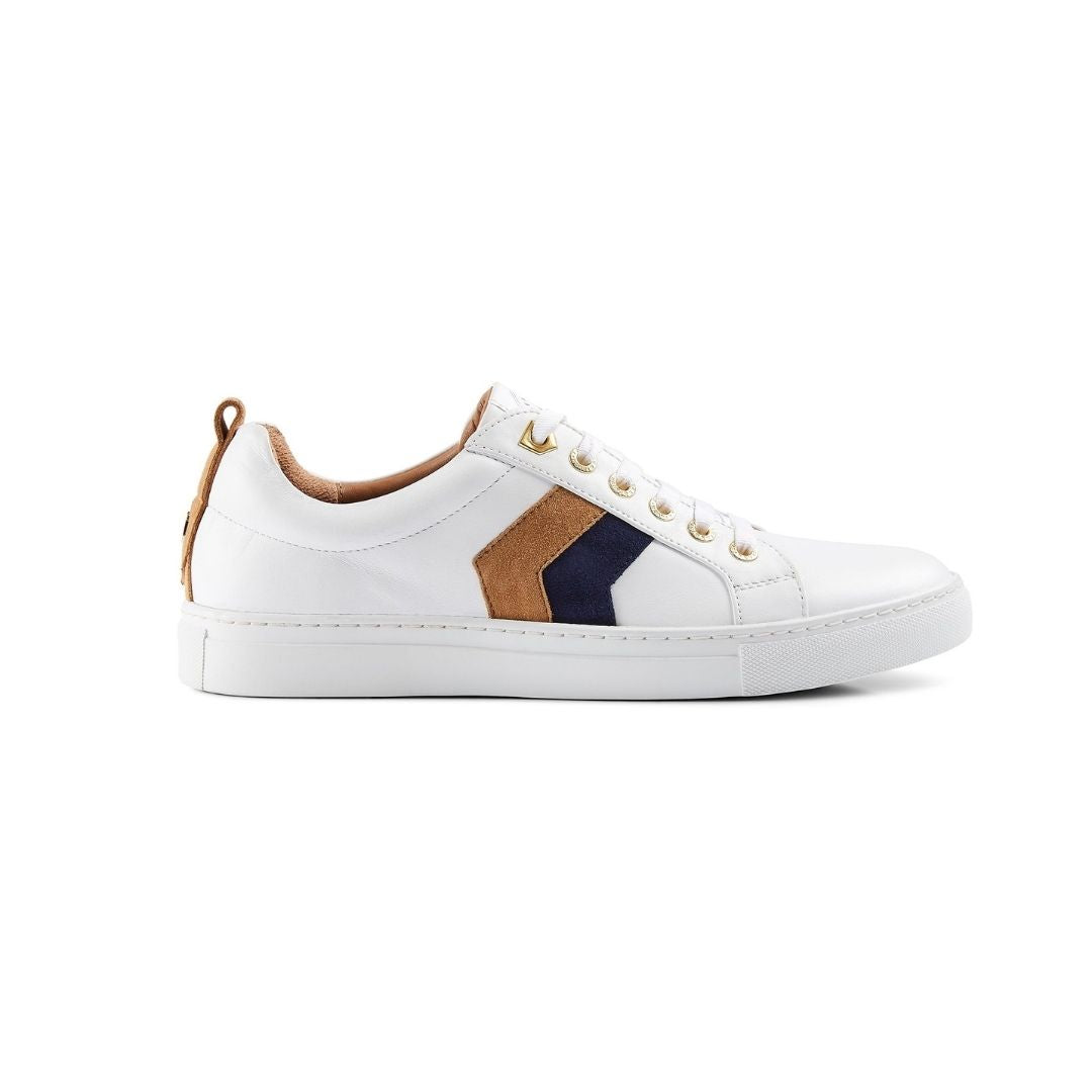 Fairfax & Favor Alexandra Leather Trainer in White with Tan & Navy