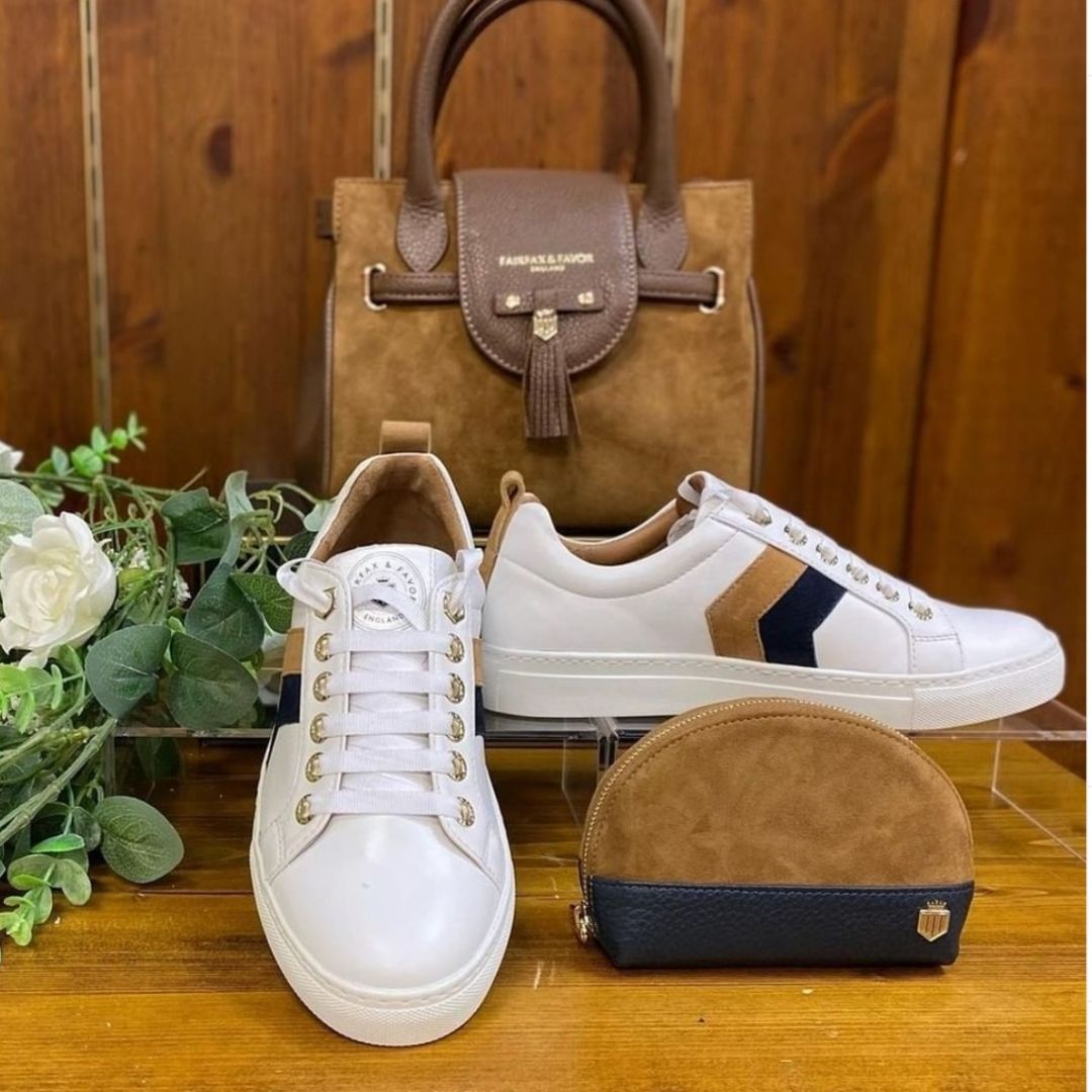 Fairfax & Favor Alexandra Leather Trainer in White with Tan & Navy