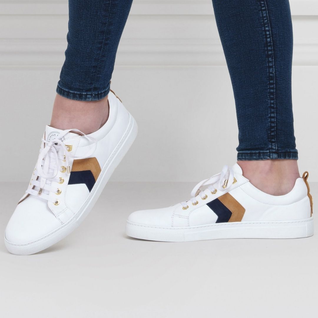 Fairfax & Favor Alexandra Leather Trainer in White with Tan & Navy