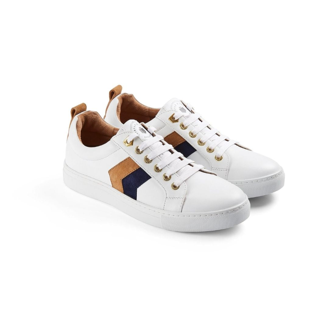 Fairfax & Favor Alexandra Leather Trainer in White with Tan & Navy