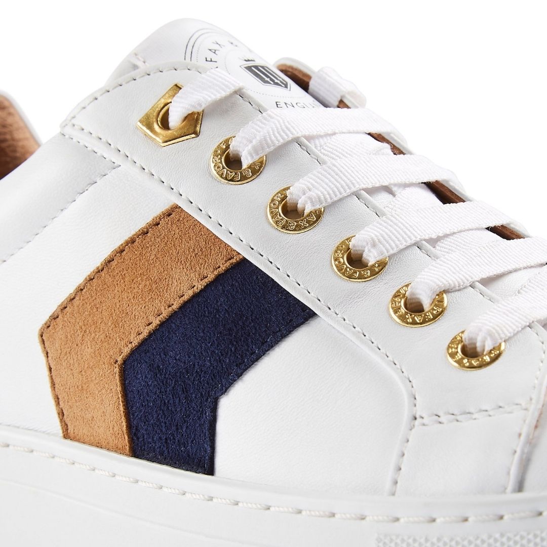 Fairfax & Favor Alexandra Leather Trainer in White with Tan & Navy