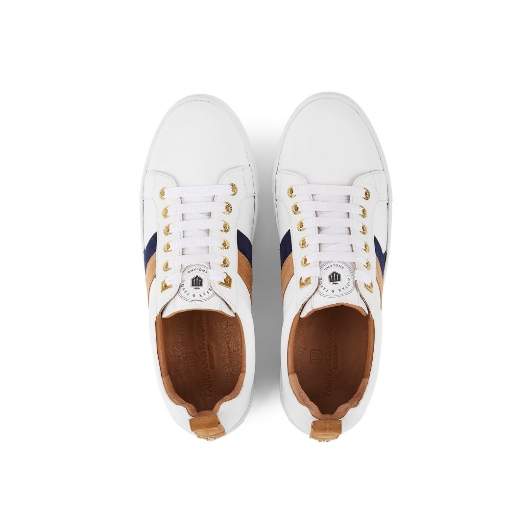 Fairfax & Favor Alexandra Leather Trainer in White with Tan & Navy