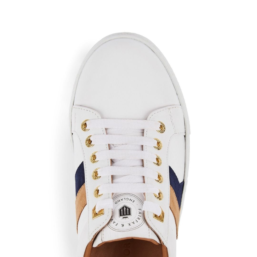 Fairfax & Favor Alexandra Leather Trainer in White with Tan & Navy