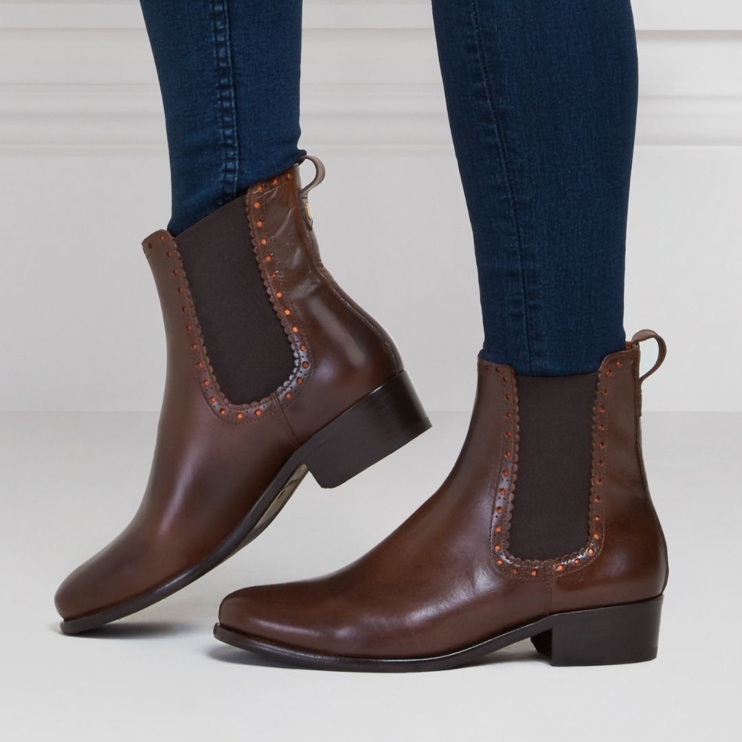 Fairfax & Favor Brogued Chelsea Leather Ankle Boot in Mahogany