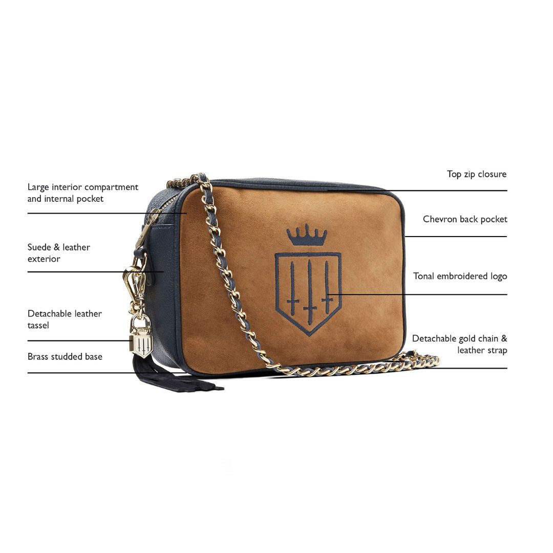 Fairfax & Favor Finsbury Crossbody Suede Handbag in Tan & Navy