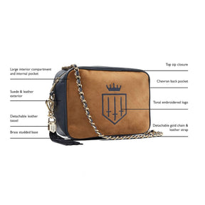 Fairfax & Favor Finsbury Crossbody Suede Handbag in Tan & Navy
