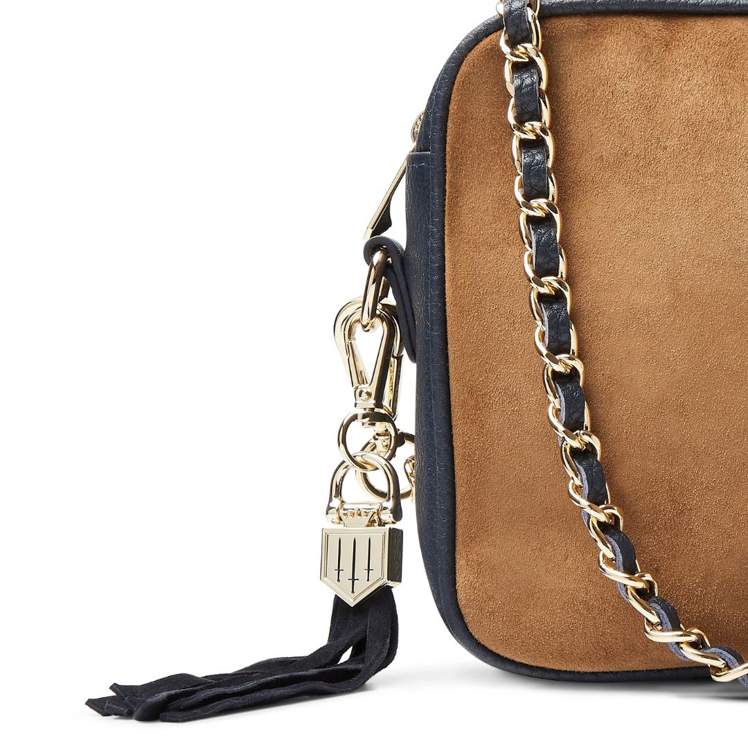 Fairfax & Favor Finsbury Crossbody Suede Handbag in Tan & Navy